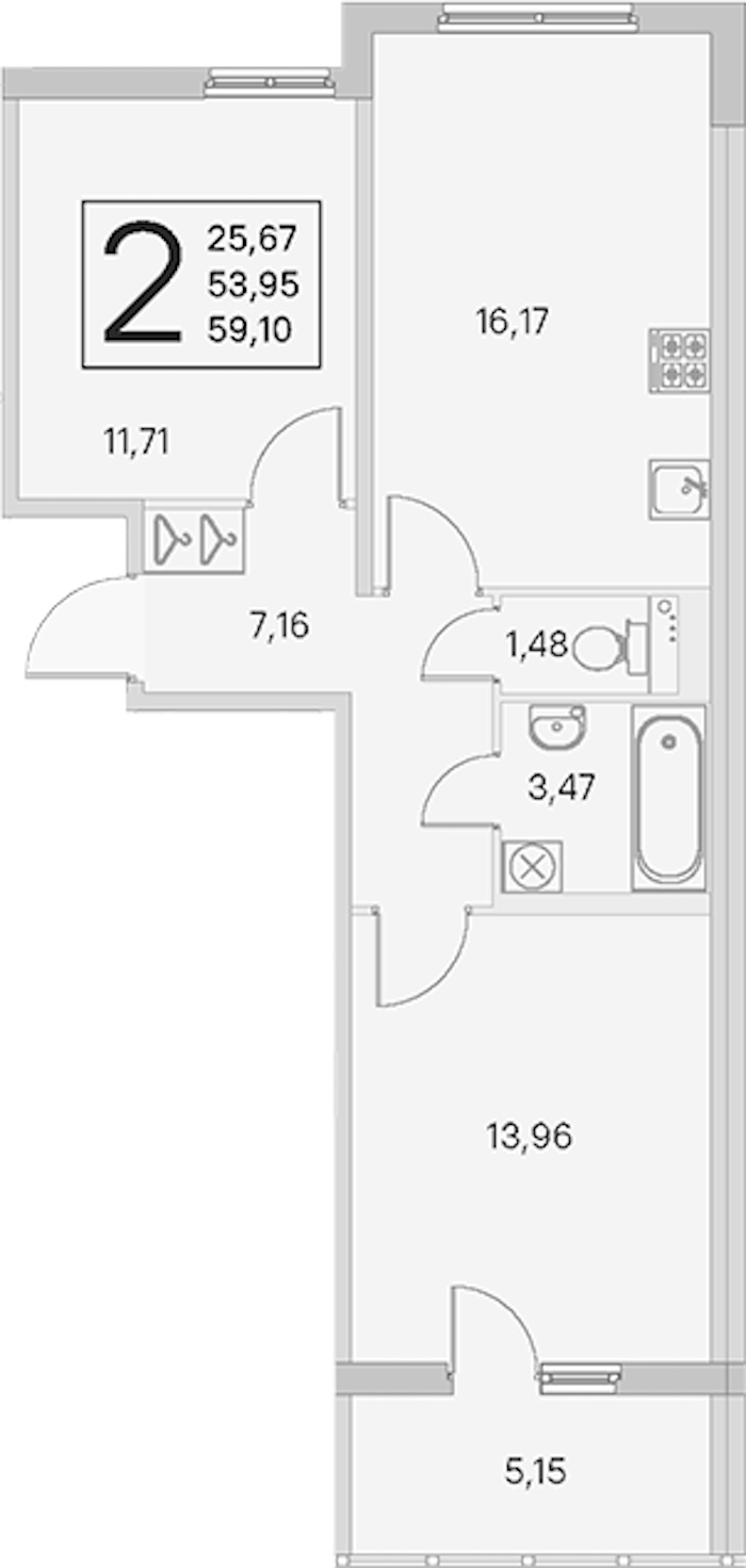 2-комнатная квартира 53.95 м², 4/4 эт., ЖК «Любоград в Стрельне»